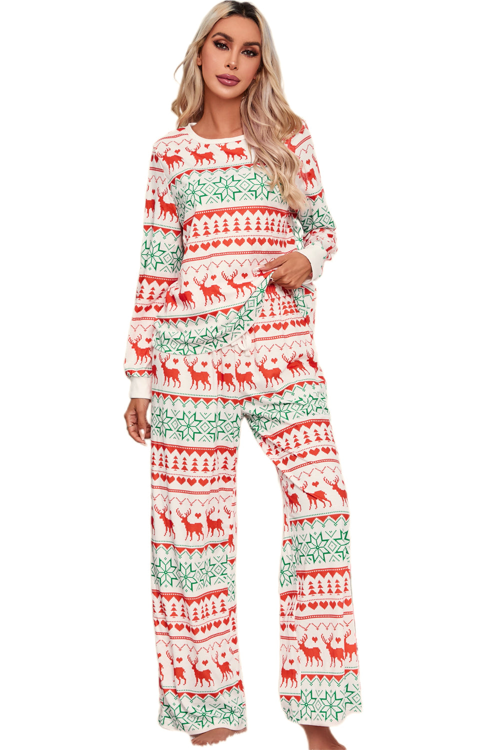White Christmas Print Pullover and Pants Lounge Set - Dixie Hike & Style