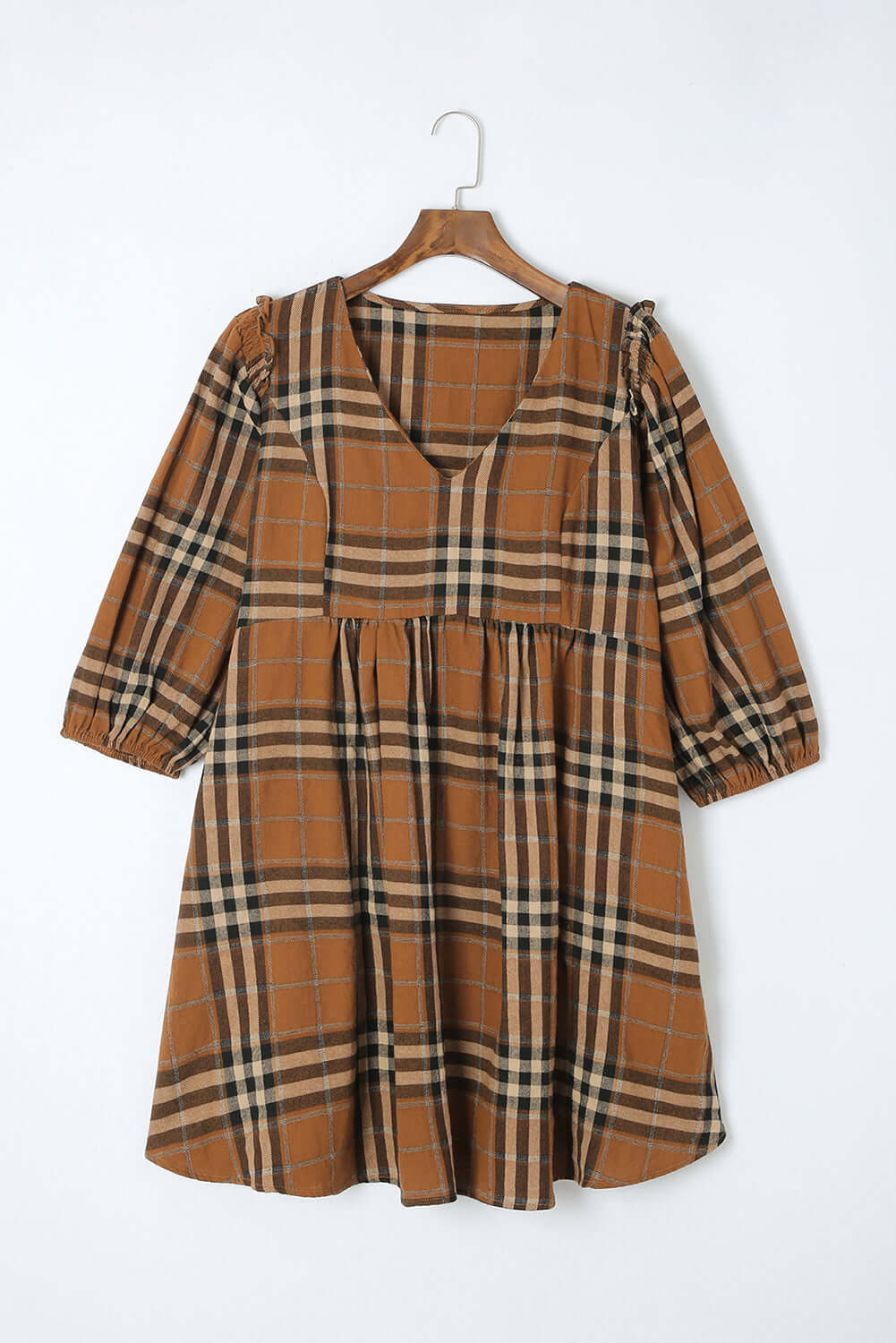 Brown Plaid Pattern Empire Waist Babydoll Dress - Dixie Hike & Style