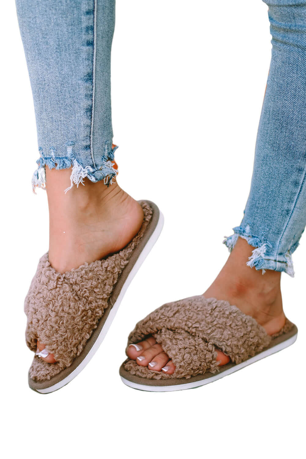 Brown Teddy Fur Cross Straps Home Slippers - Dixie Hike & Style