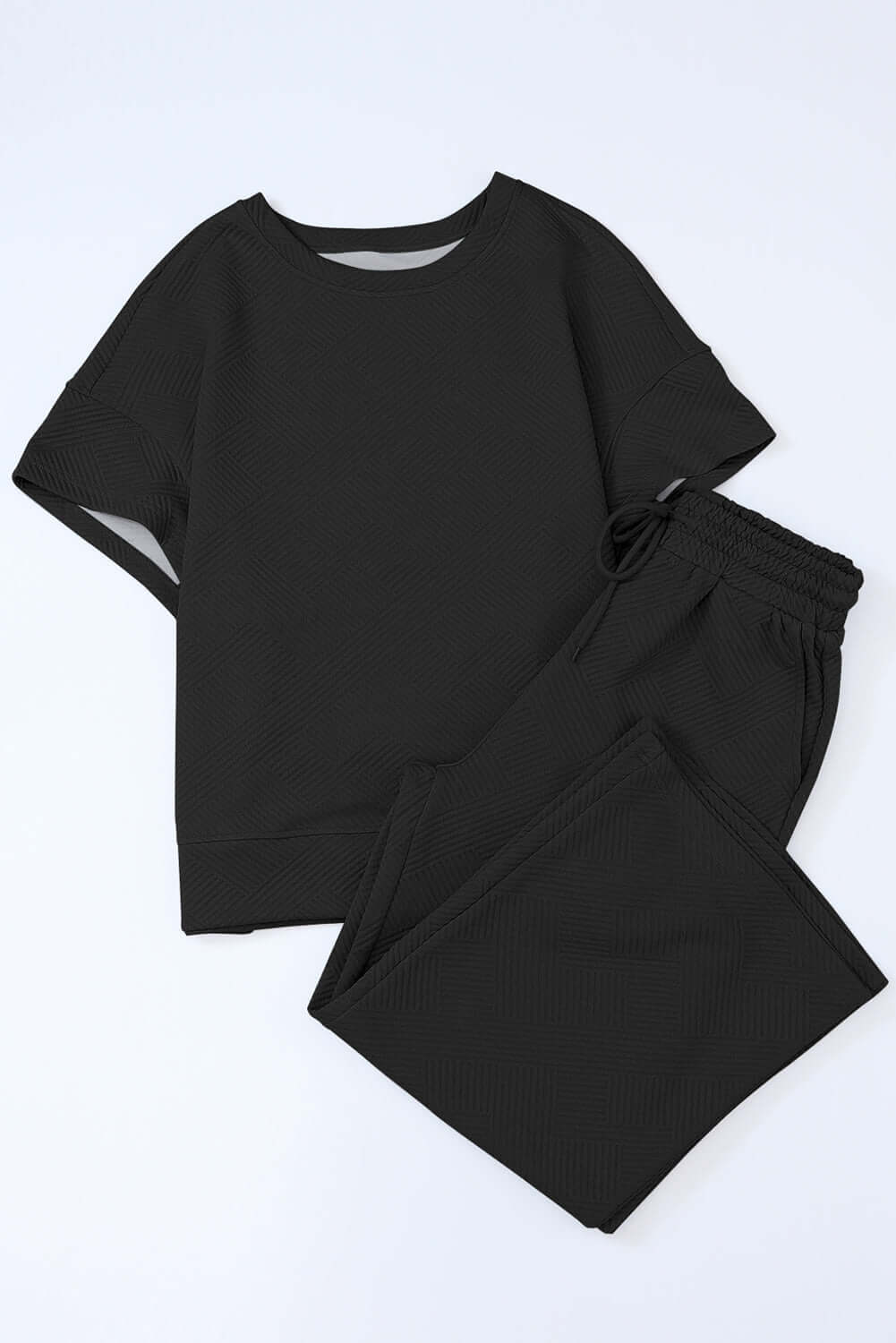 Black Textured Loose Fit T Shirt and Drawstring Pants Set - Dixie Hike & Style