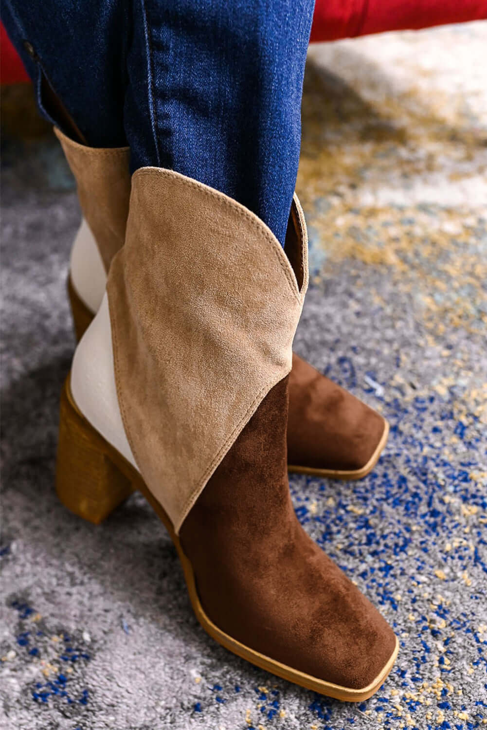 Chestnut Colorblock Suede Heeled Ankle Booties - Dixie Hike & Style