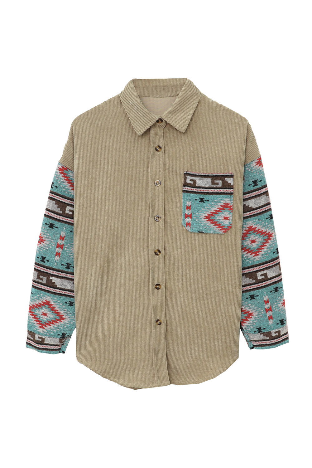 Khaki Aztec Pattern Sleeve Pocketed Corduroy Shacket - Dixie Hike & Style