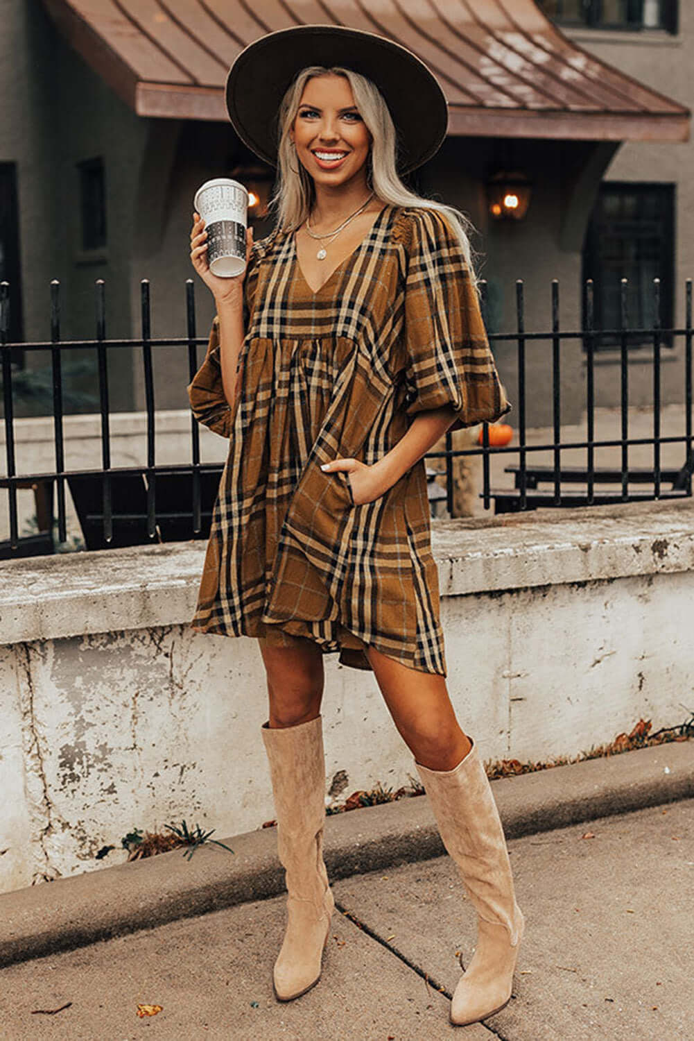 Brown Plaid Pattern Empire Waist Babydoll Dress - Dixie Hike & Style