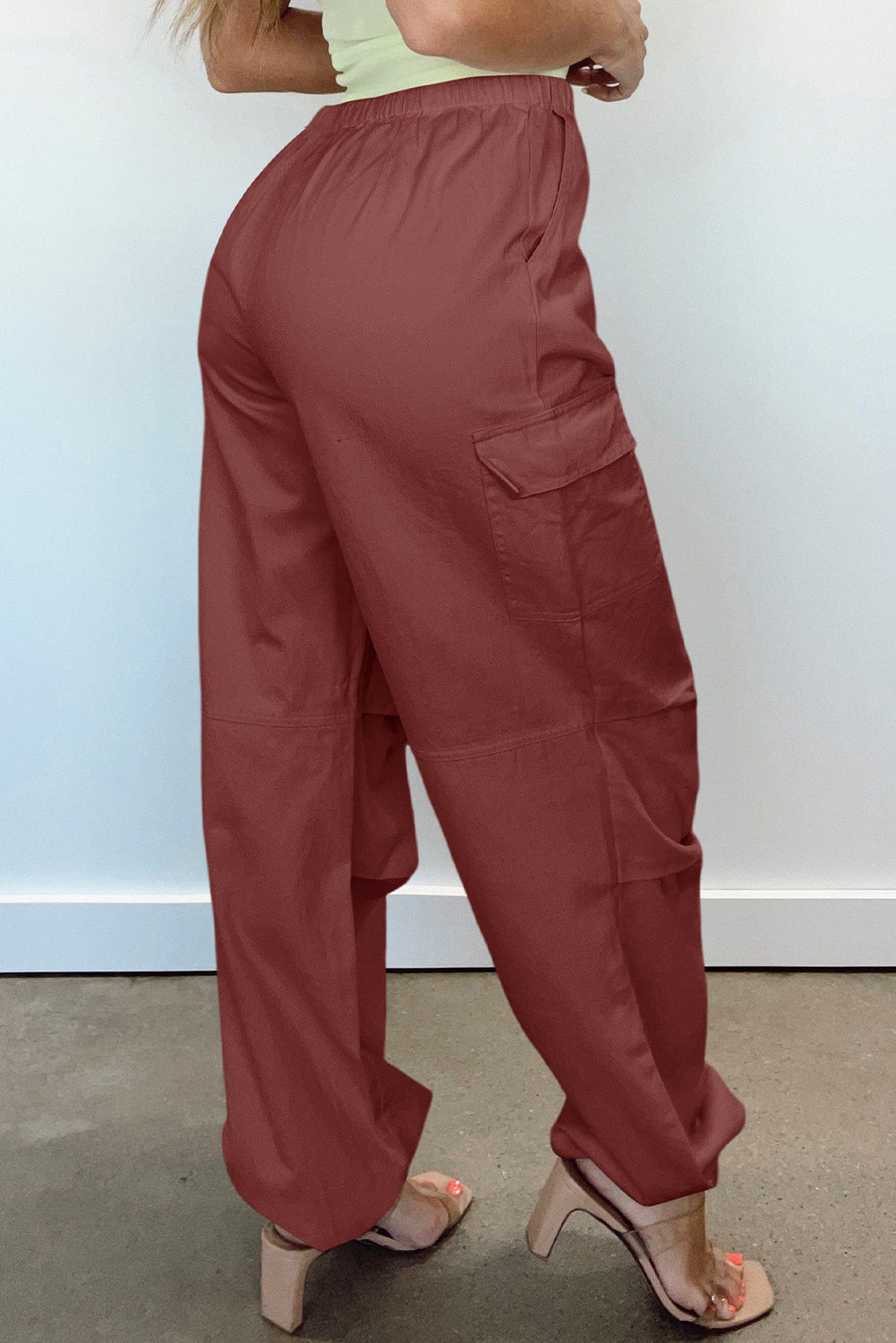 Mineral Red Solid Color Drawstring Waist Wide Leg Cargo Pants - Dixie Hike & Style