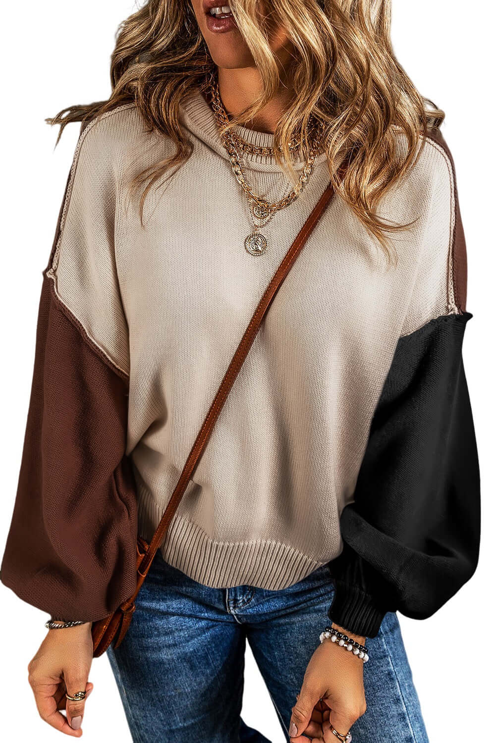 Coffee Colorblock Bishop Sleeve Ribbed Trim Sweater - Dixie Hike & Style