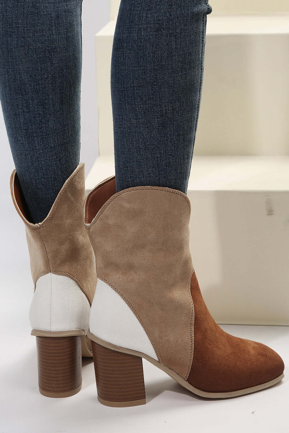 Chestnut Colorblock Suede Heeled Ankle Booties - Dixie Hike & Style