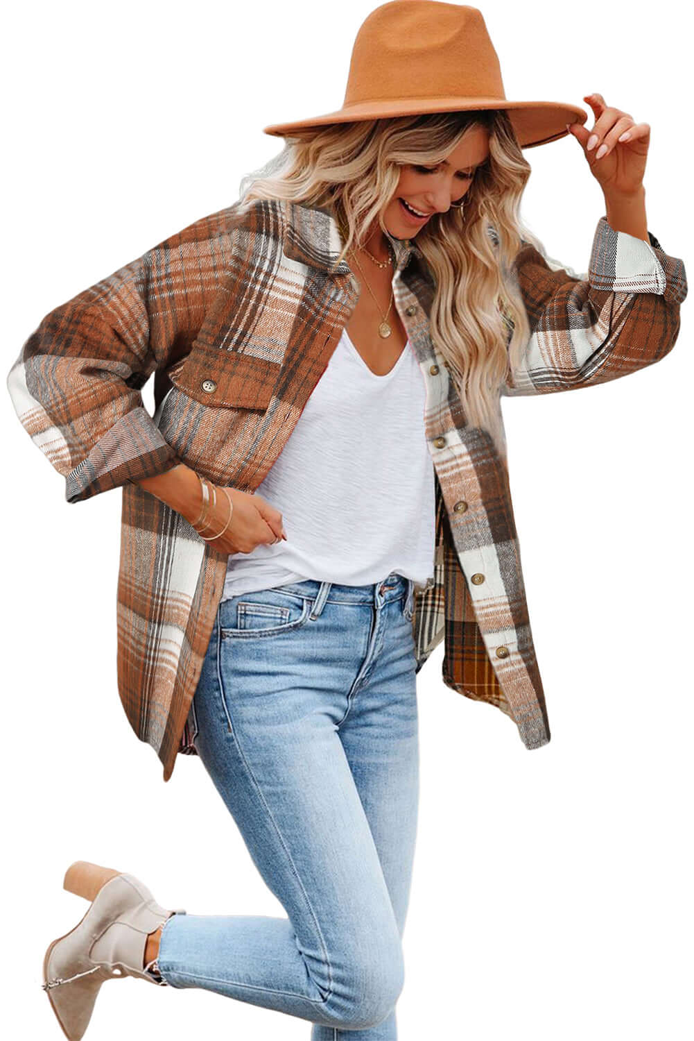 Brown Plaid Flap Pockets Shacket - Dixie Hike & Style