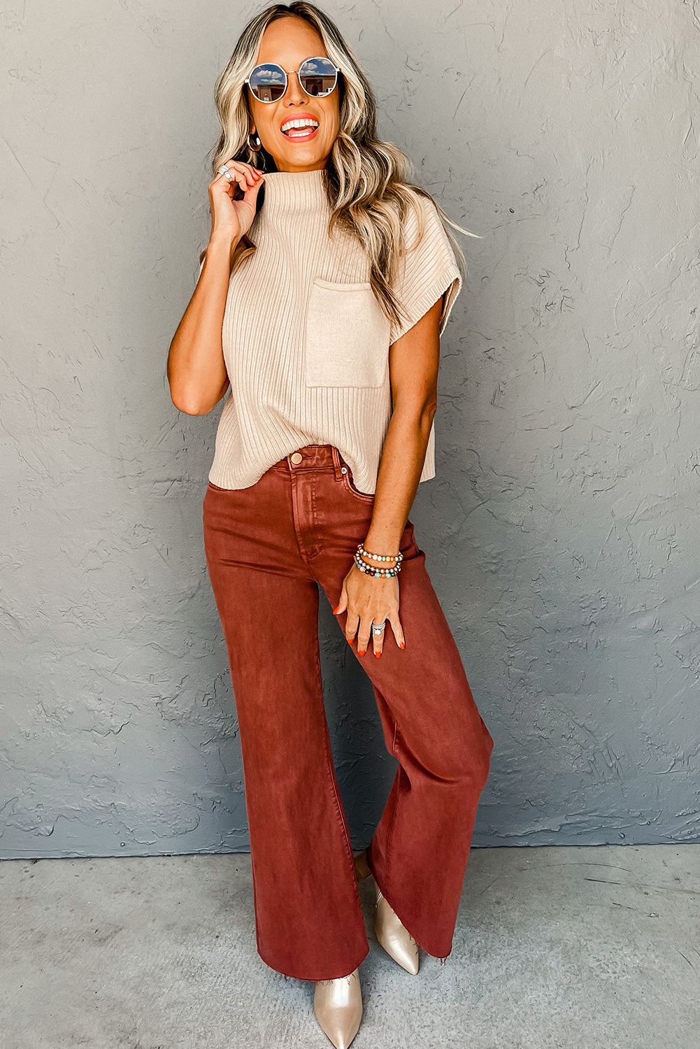 Oatmeal Patch Pocket Ribbed Knit Short Sleeve Sweater - Dixie Hike & Style