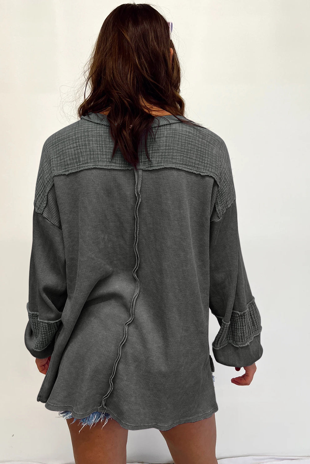 Gray Exposed Seam Patchwork Bubble Sleeve Waffle Knit Top - Dixie Hike & Style
