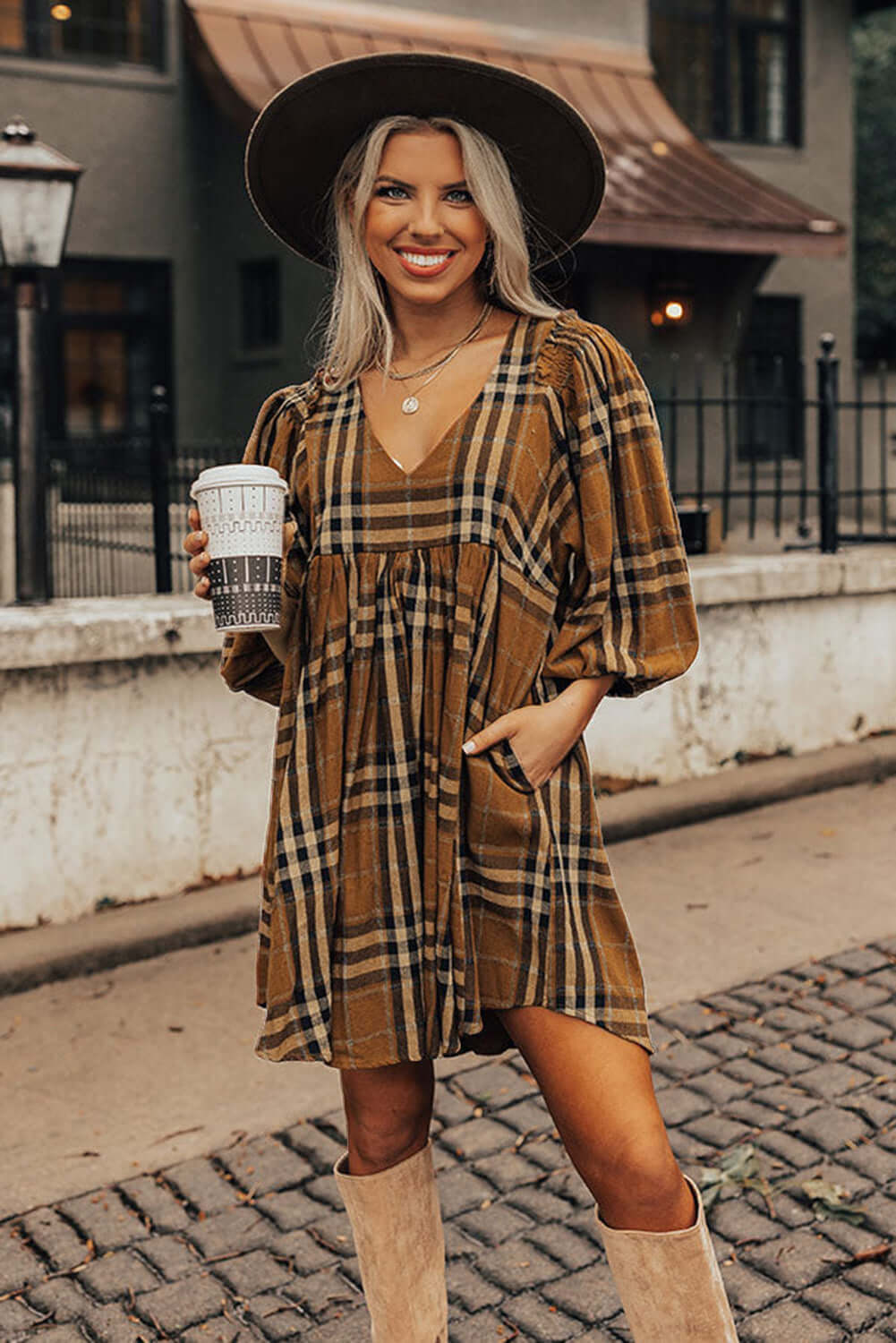 Brown Plaid Pattern Empire Waist Babydoll Dress - Dixie Hike & Style