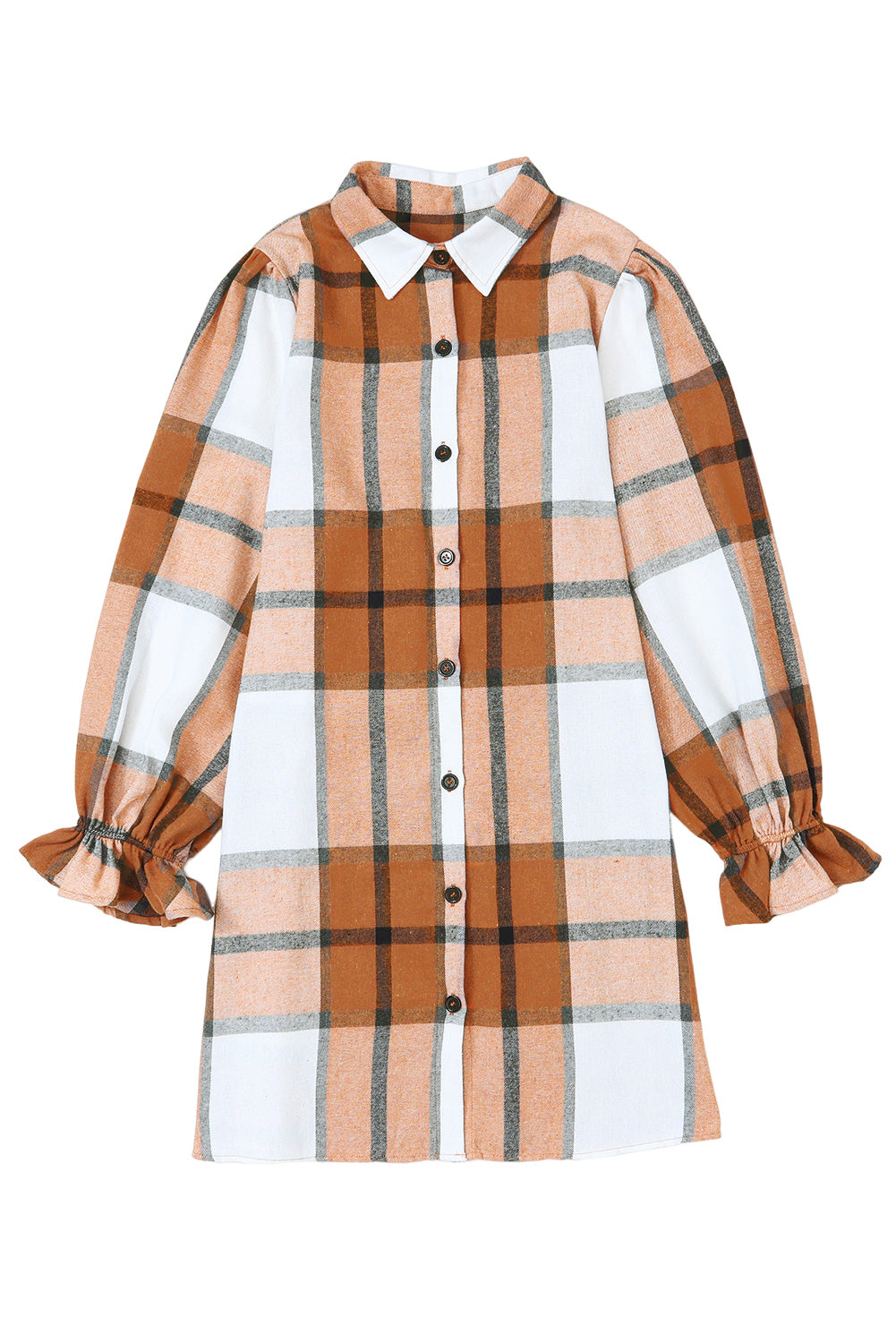 Khaki Plaid Pattern Collared Neck Ruffled Sleeve Shirt Dress - Dixie Hike & Style
