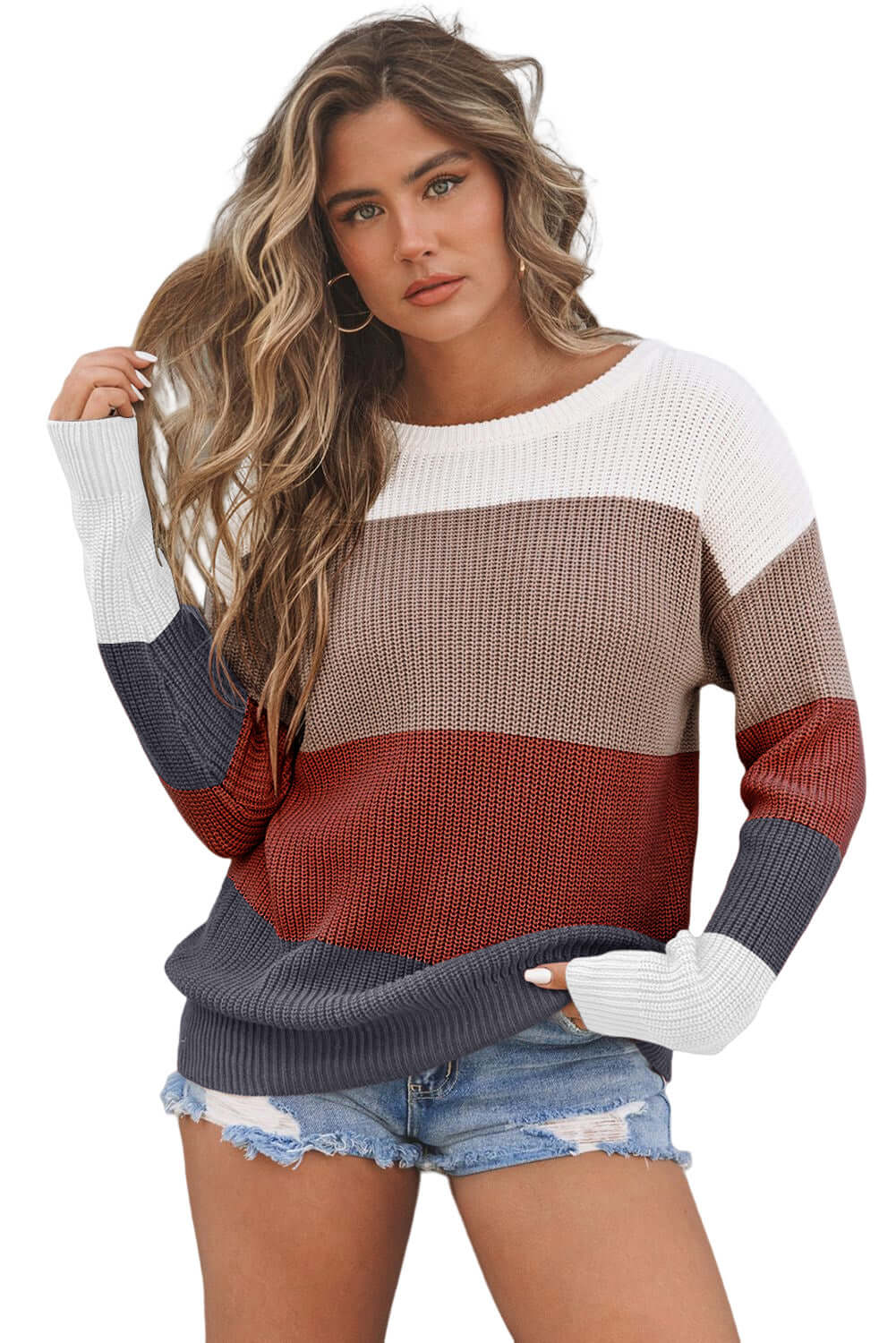 Color Block Knitted O-neck Pullover Sweater - Dixie Hike & Style