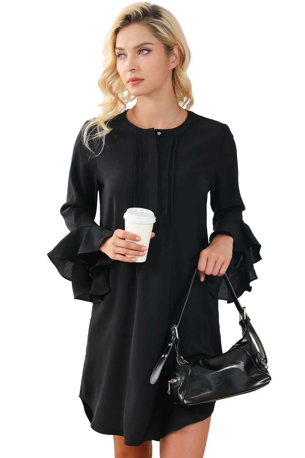 Black Solid Color Flounce Splicing Sleeve Mini Shift Dress - Dixie Hike & Style