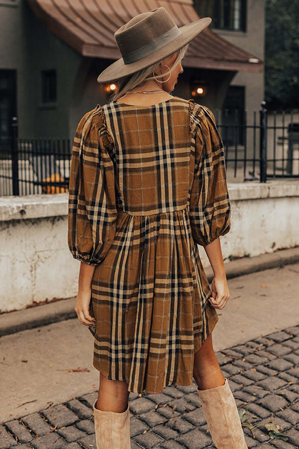 Brown Plaid Pattern Empire Waist Babydoll Dress - Dixie Hike & Style