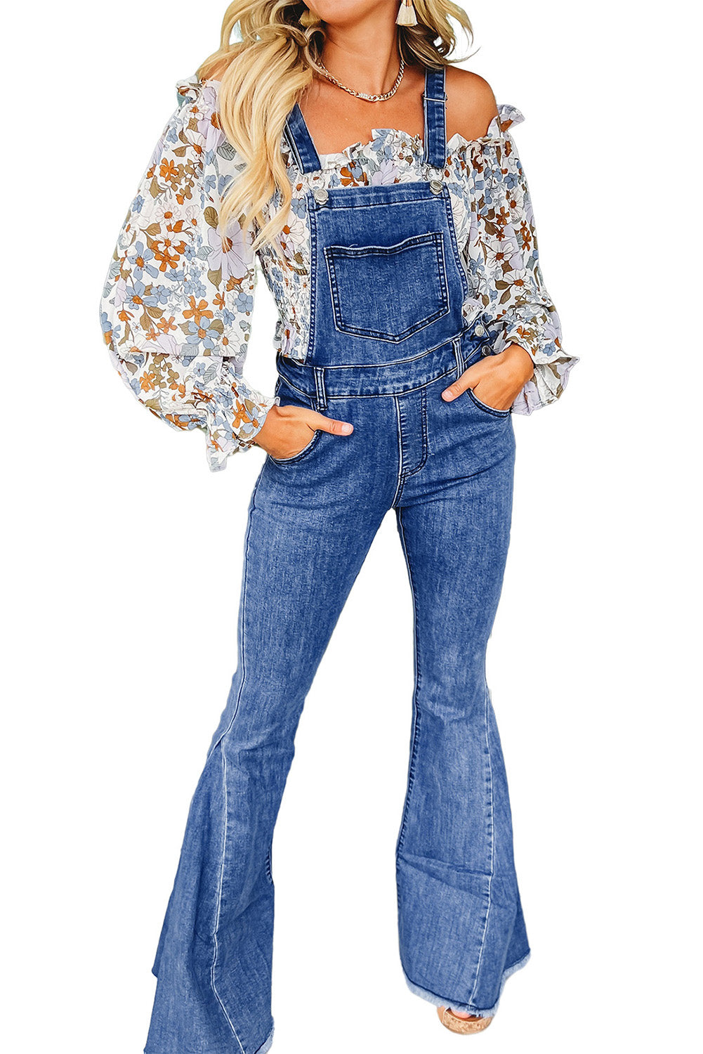 Dark Blue Adjustable Buckle Strap Flare Leg Denim Overalls - Dixie Hike & Style