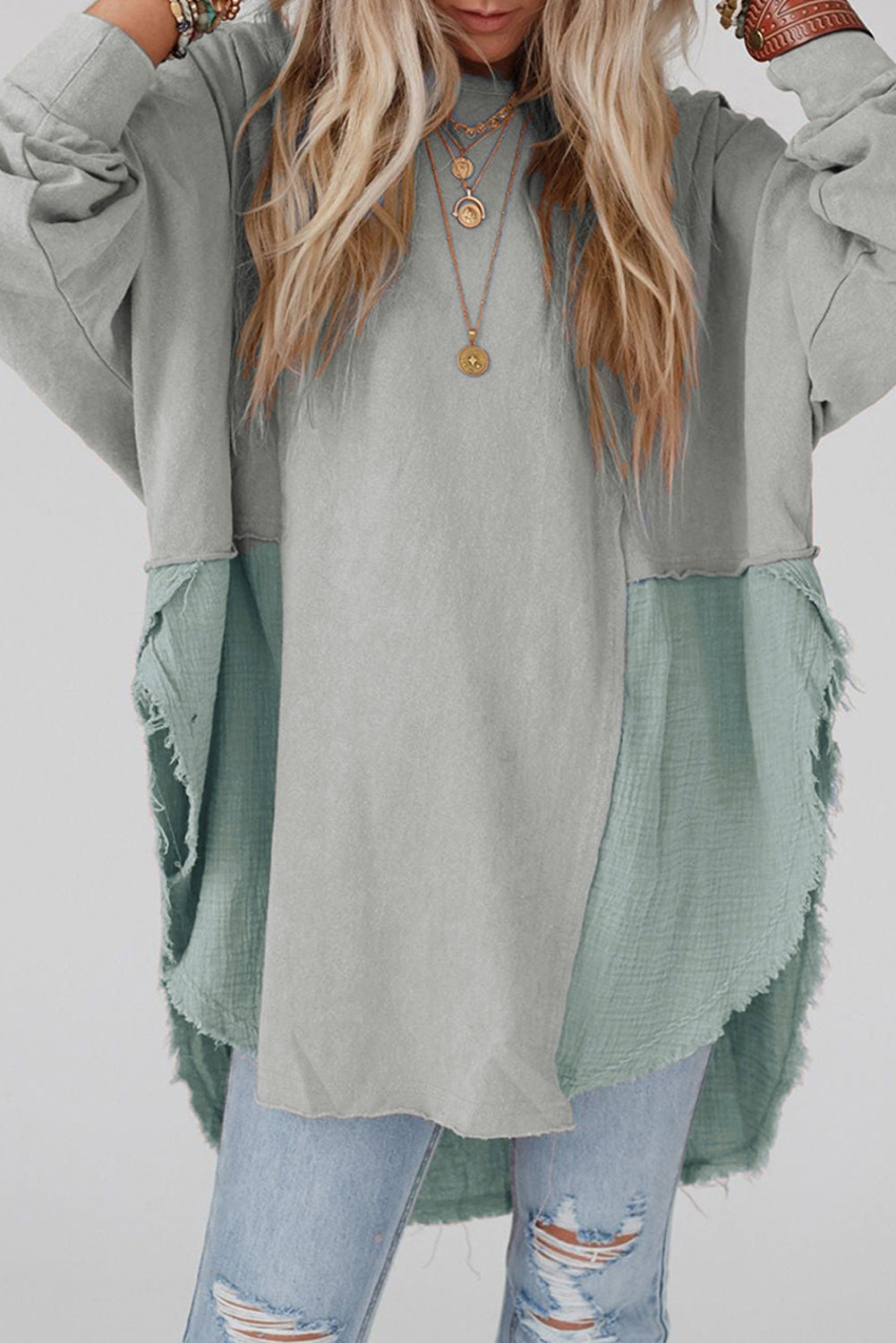 Grey Crinkle Splicing Raw Hem High Low Oversized Blouse - Dixie Hike & Style