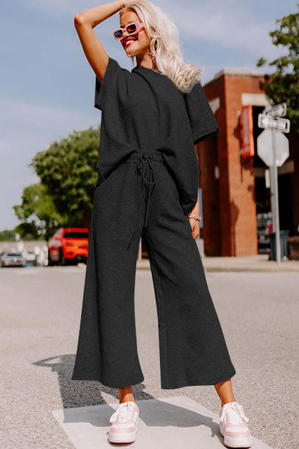 Black Textured Loose Fit T Shirt and Drawstring Pants Set - Dixie Hike & Style