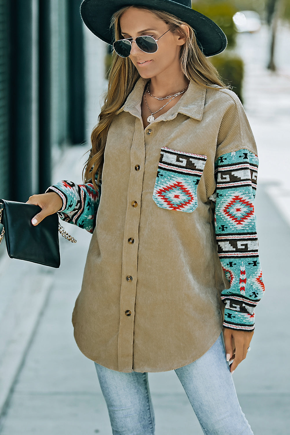 Khaki Aztec Pattern Sleeve Pocketed Corduroy Shacket - Dixie Hike & Style