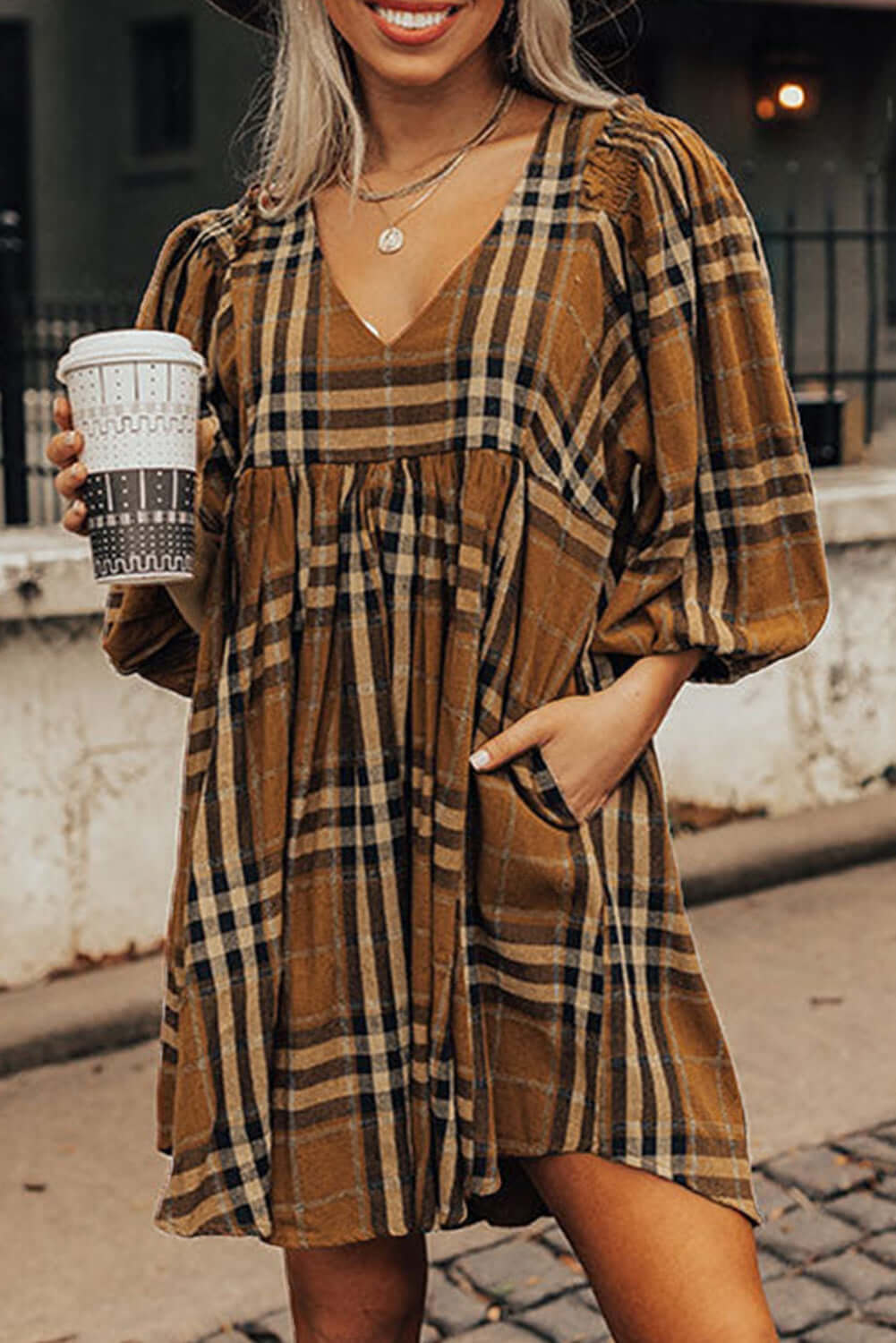 Brown Plaid Pattern Empire Waist Babydoll Dress - Dixie Hike & Style