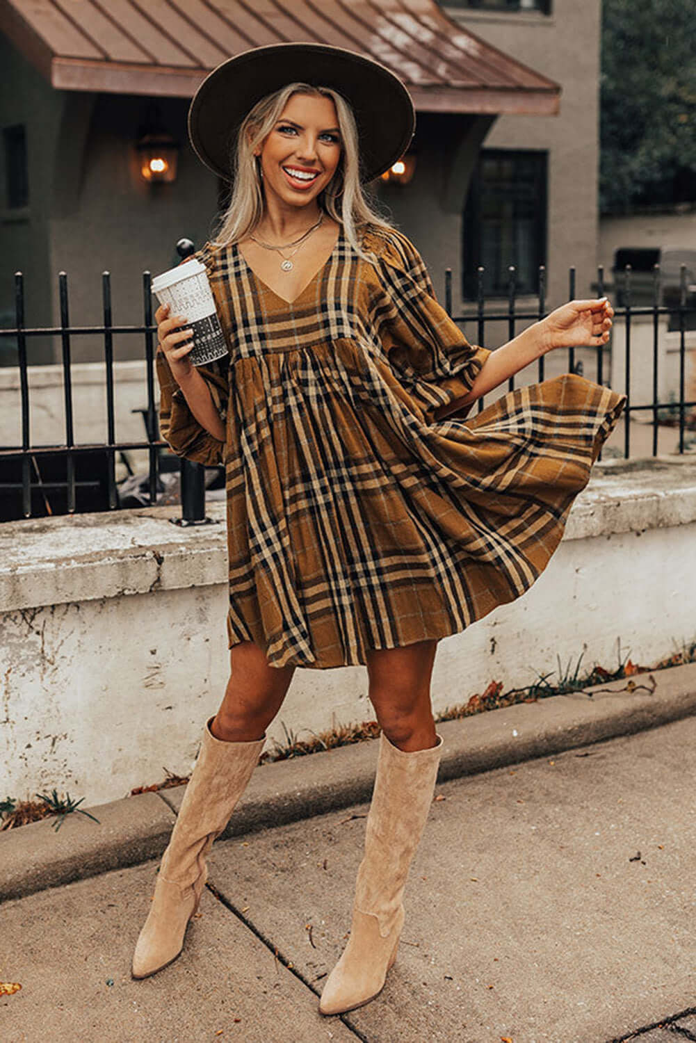 Brown Plaid Pattern Empire Waist Babydoll Dress - Dixie Hike & Style