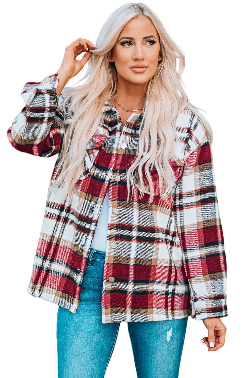 Fiery Red Geometric Plaid Print Pocketed Shacket - Dixie Hike & Style