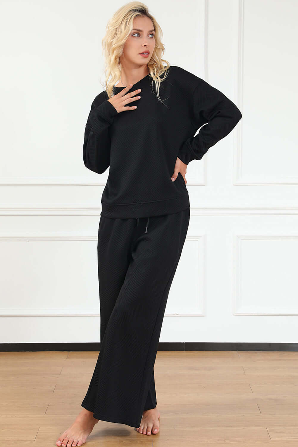 Black Ultra Loose Textured 2pcs Slouchy Outfit - Dixie Hike & Style