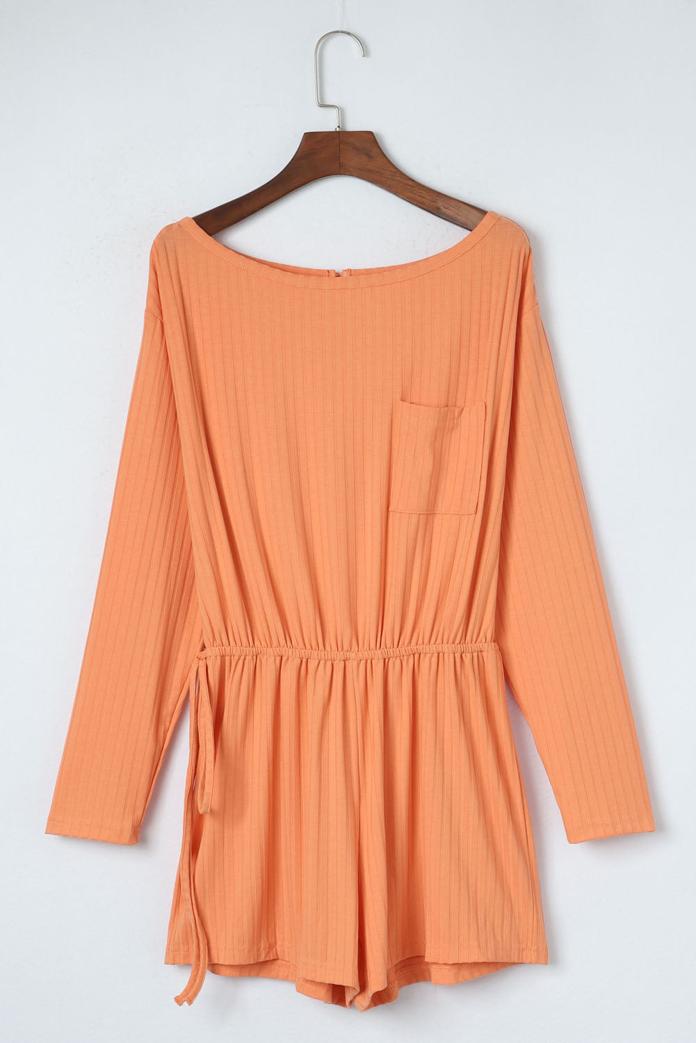 Orange Ribbed Drawstring Waist Long Sleeve Romper - Dixie Hike & Style
