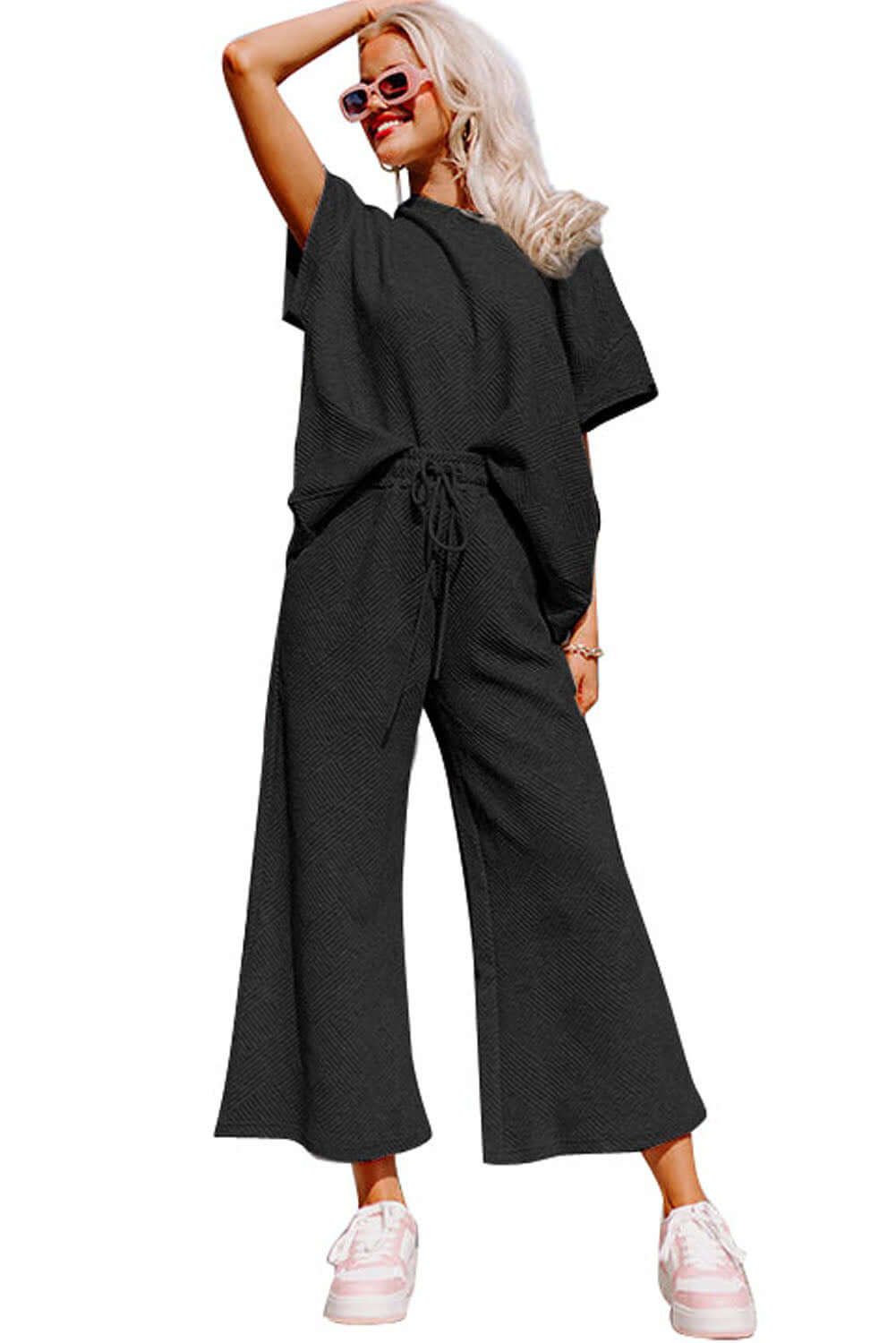 Black Textured Loose Fit T Shirt and Drawstring Pants Set - Dixie Hike & Style
