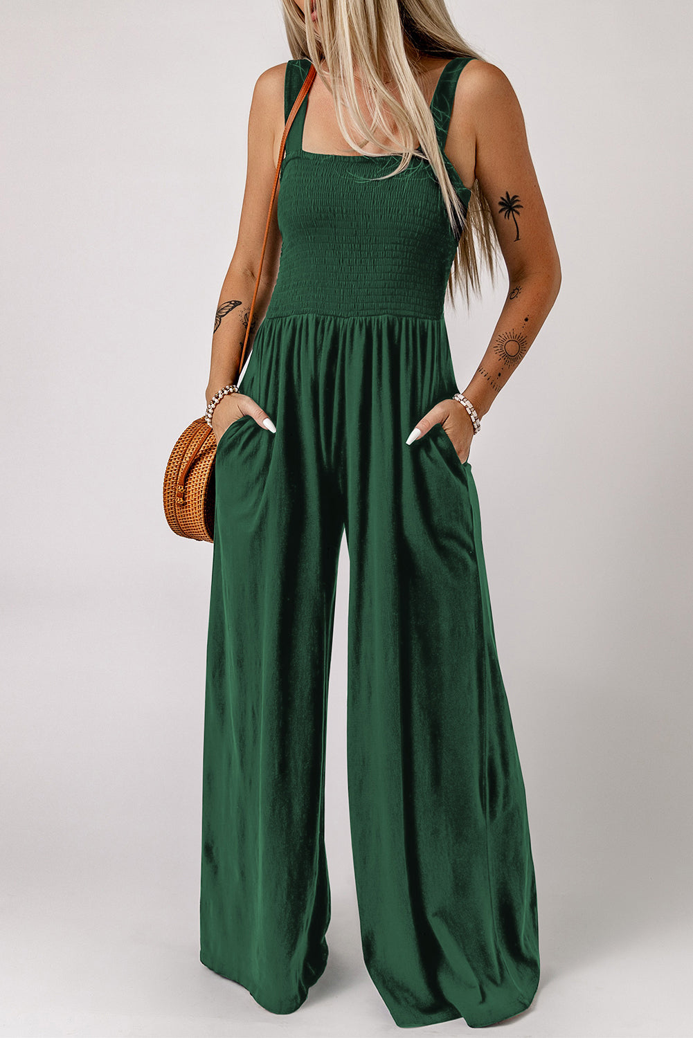 Green Smocked Sleeveless Wide Leg Jumpsuit with Pockets - Dixie Hike & Style