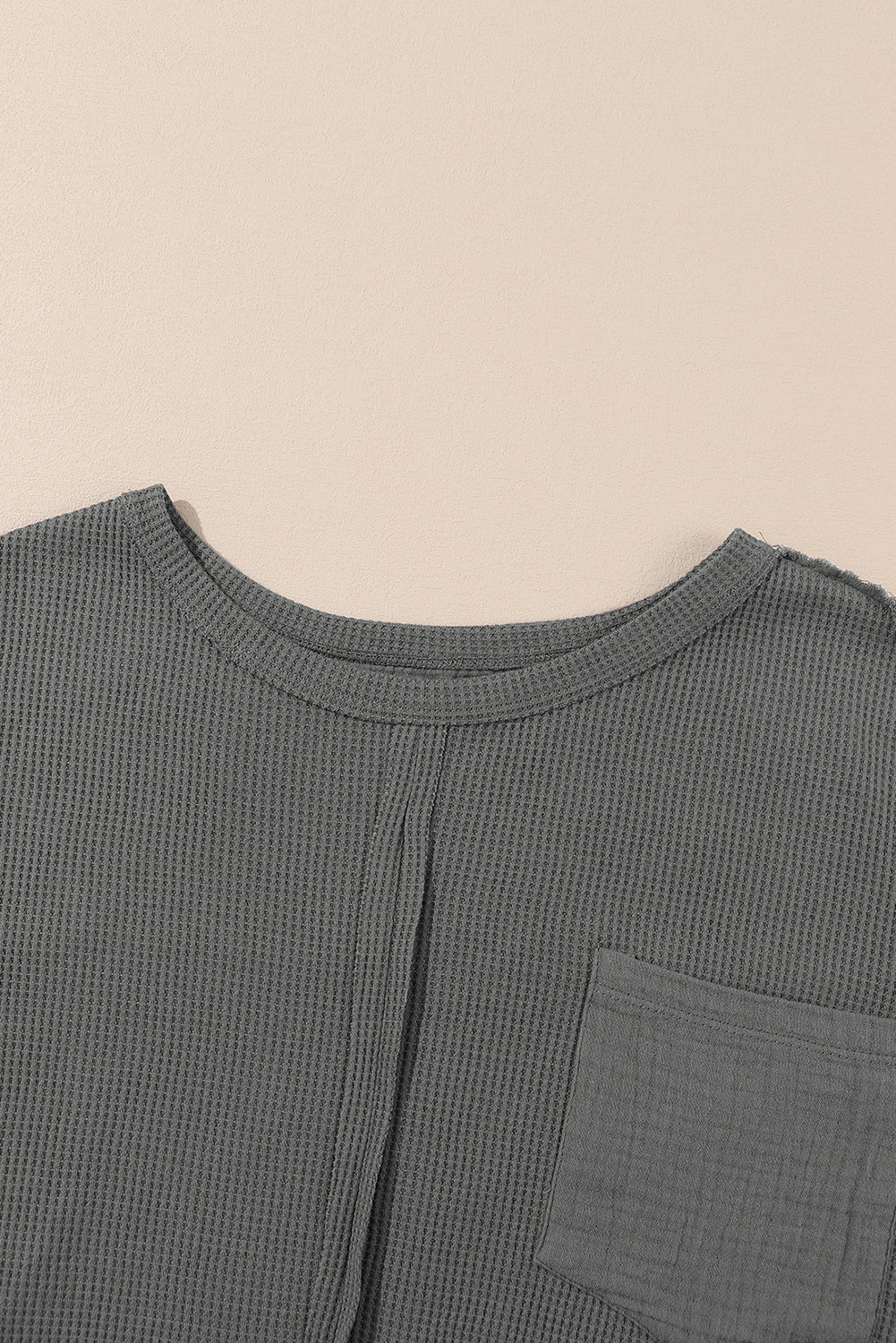 Gray Exposed Seam Patchwork Bubble Sleeve Waffle Knit Top - Dixie Hike & Style