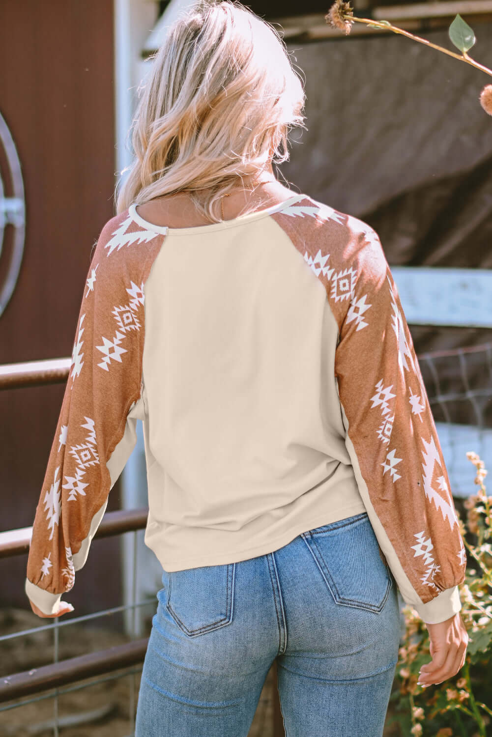 Apricot Western Print Patch Long Sleeve Top - Dixie Hike & Style