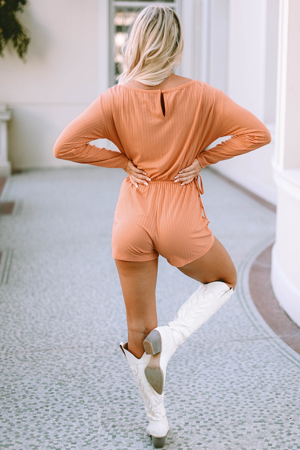 Orange Ribbed Drawstring Waist Long Sleeve Romper - Dixie Hike & Style