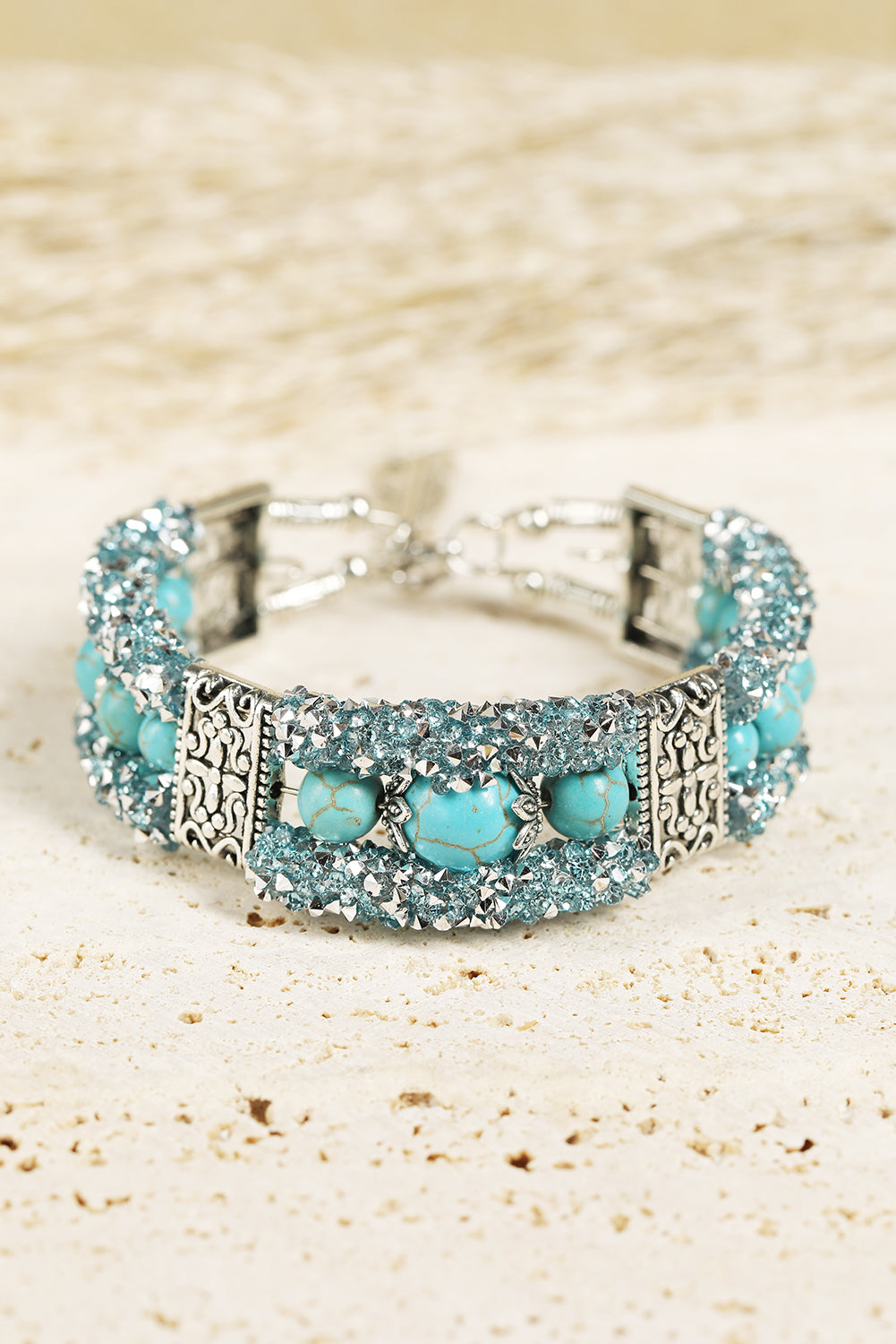 Green Western Turquoise Beads Rhinestone Carved Bracelet - Dixie Hike & Style