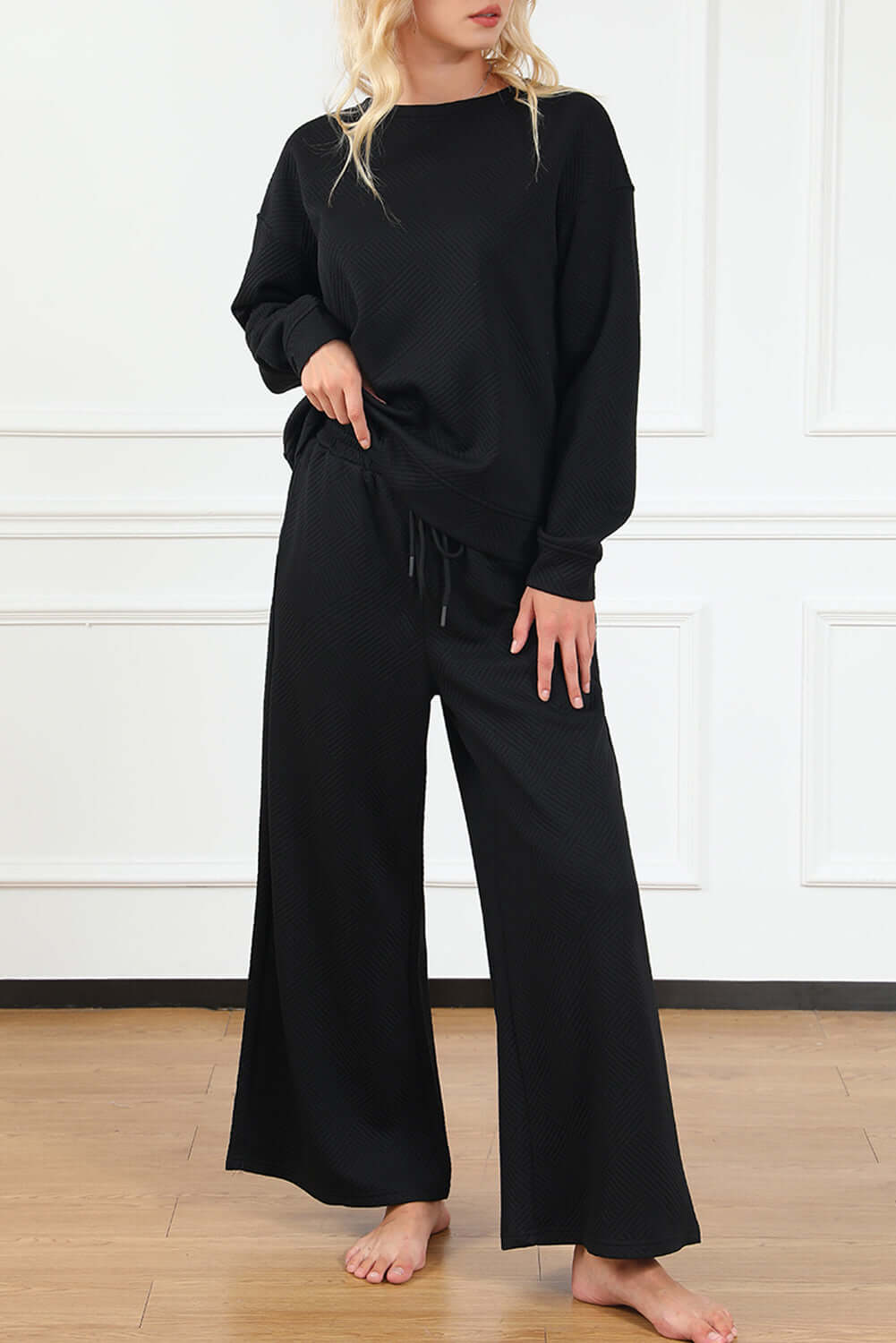 Black Ultra Loose Textured 2pcs Slouchy Outfit - Dixie Hike & Style