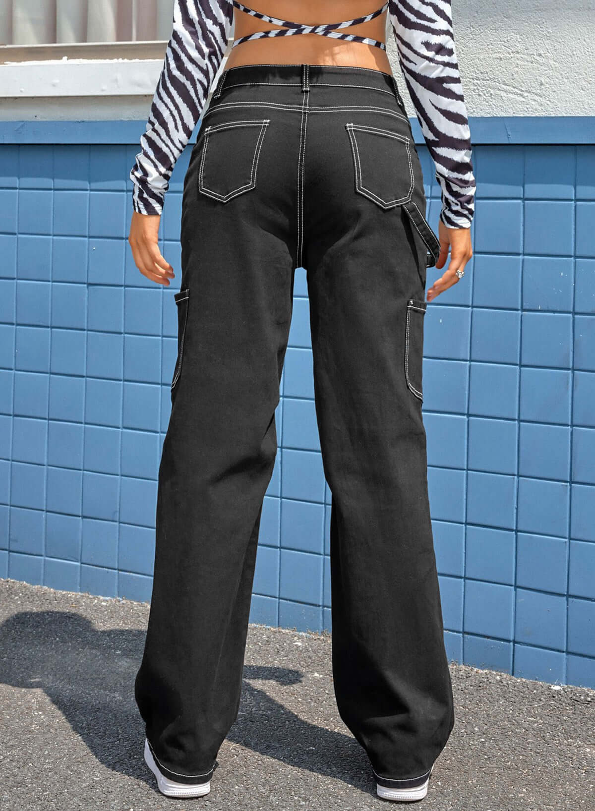 Black High Waist Straight Leg Cargo Pants with Pockets - Dixie Hike & Style