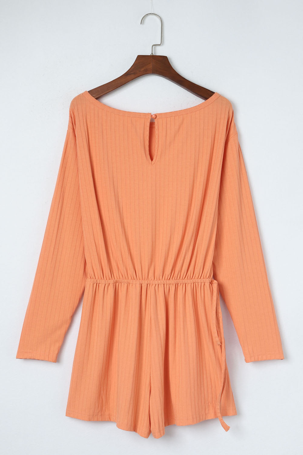 Orange Ribbed Drawstring Waist Long Sleeve Romper - Dixie Hike & Style