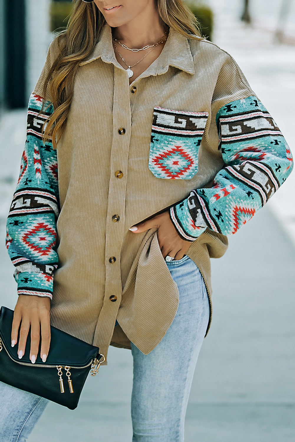 Khaki Aztec Pattern Sleeve Pocketed Corduroy Shacket - Dixie Hike & Style
