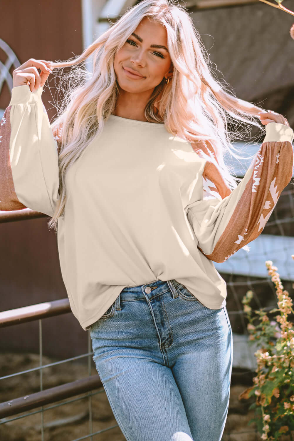 Apricot Western Print Patch Long Sleeve Top - Dixie Hike & Style