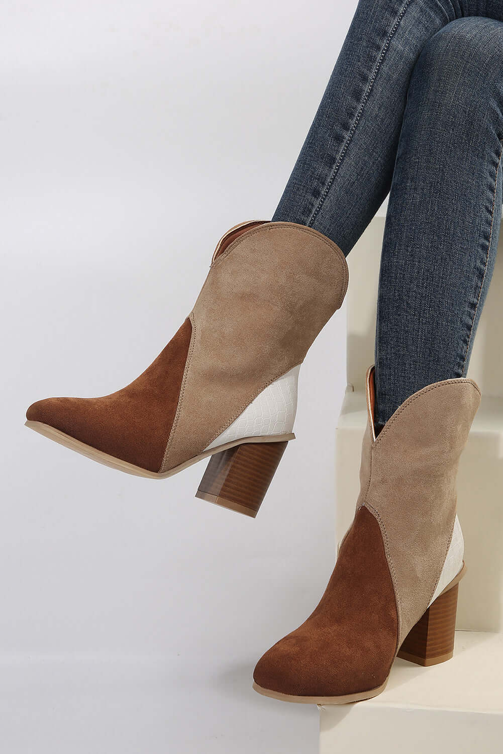 Chestnut Colorblock Suede Heeled Ankle Booties - Dixie Hike & Style