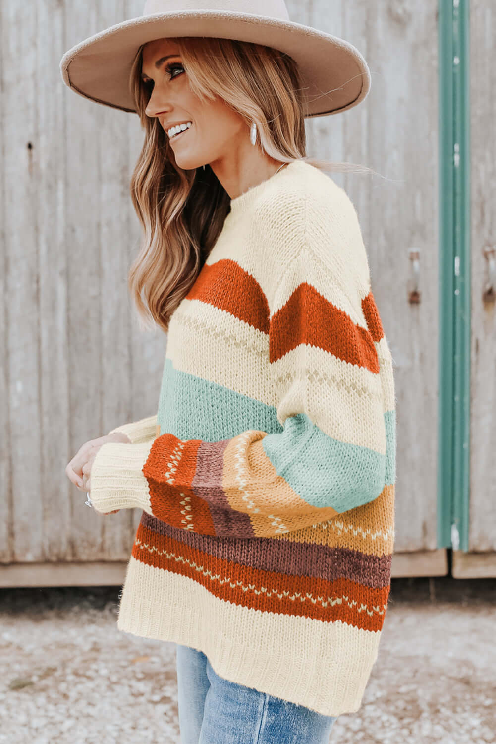 Crew Neck Drop-shoulder Striped Color Block Sweater - Dixie Hike & Style