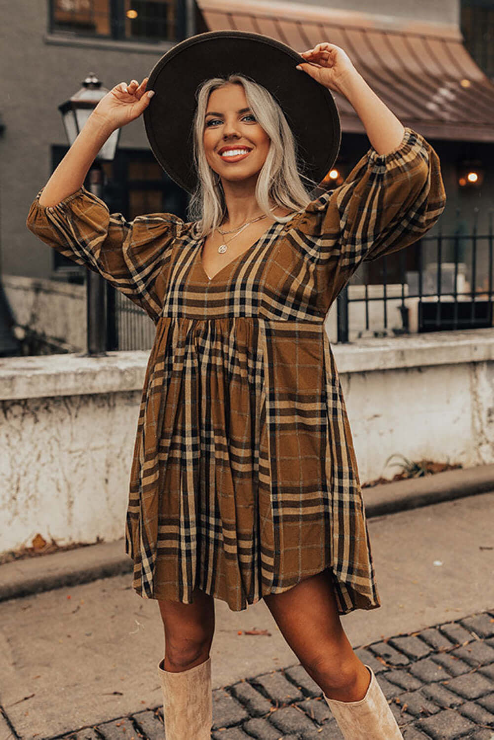 Brown Plaid Pattern Empire Waist Babydoll Dress - Dixie Hike & Style