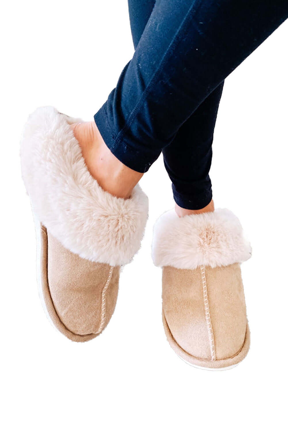 Khaki Cut and Sew Faux Suede Plush Lined Slippers - Dixie Hike & Style