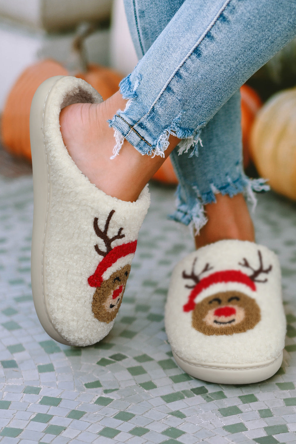 White Christmas Deer Home Indoor Plush Slippers - Dixie Hike & Style