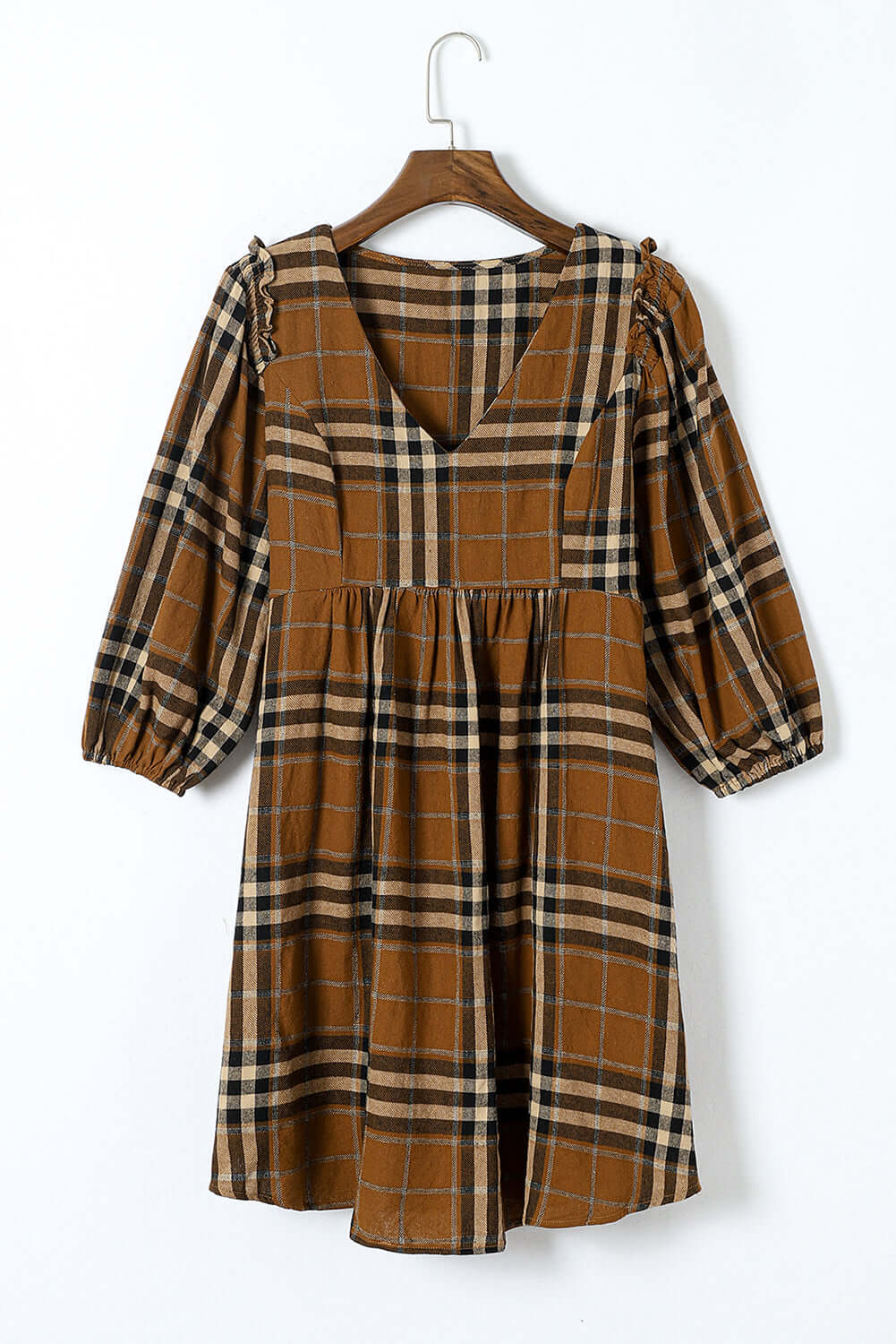 Brown Plaid Pattern Empire Waist Babydoll Dress - Dixie Hike & Style