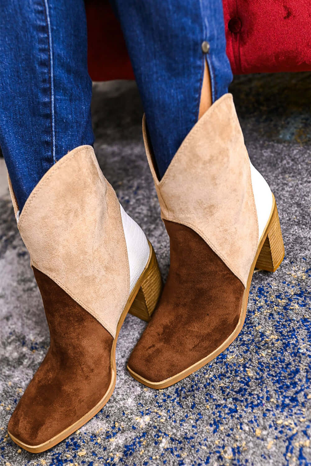 Chestnut Colorblock Suede Heeled Ankle Booties - Dixie Hike & Style
