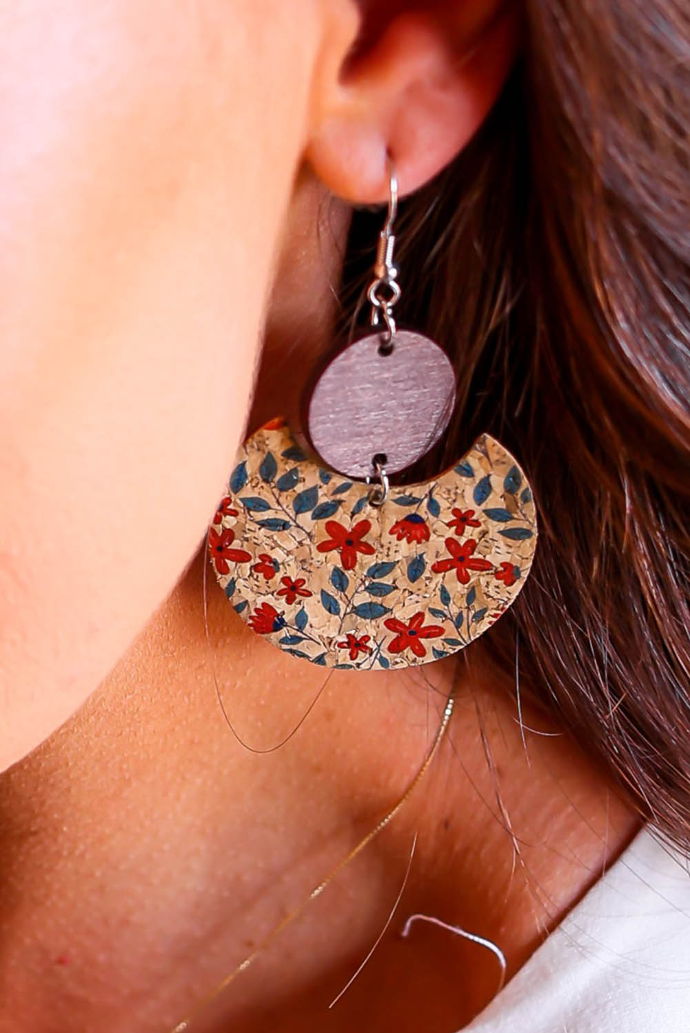 Multicolor Vintage Floral Print Geometric Wood Earrings - Dixie Hike & Style