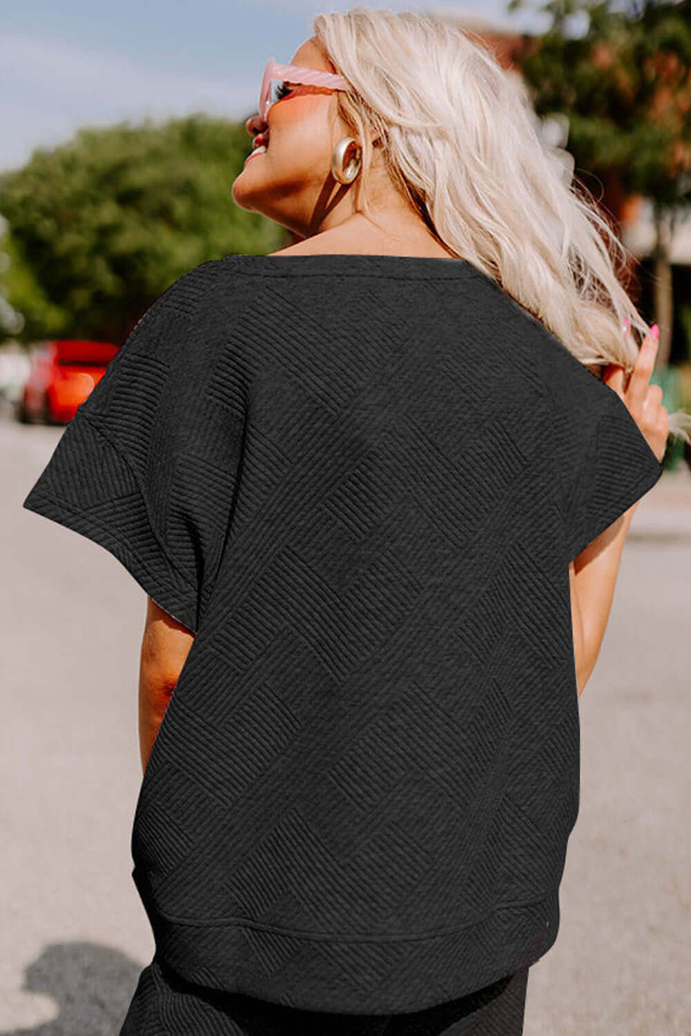 Black Textured Loose Fit T Shirt and Drawstring Pants Set - Dixie Hike & Style