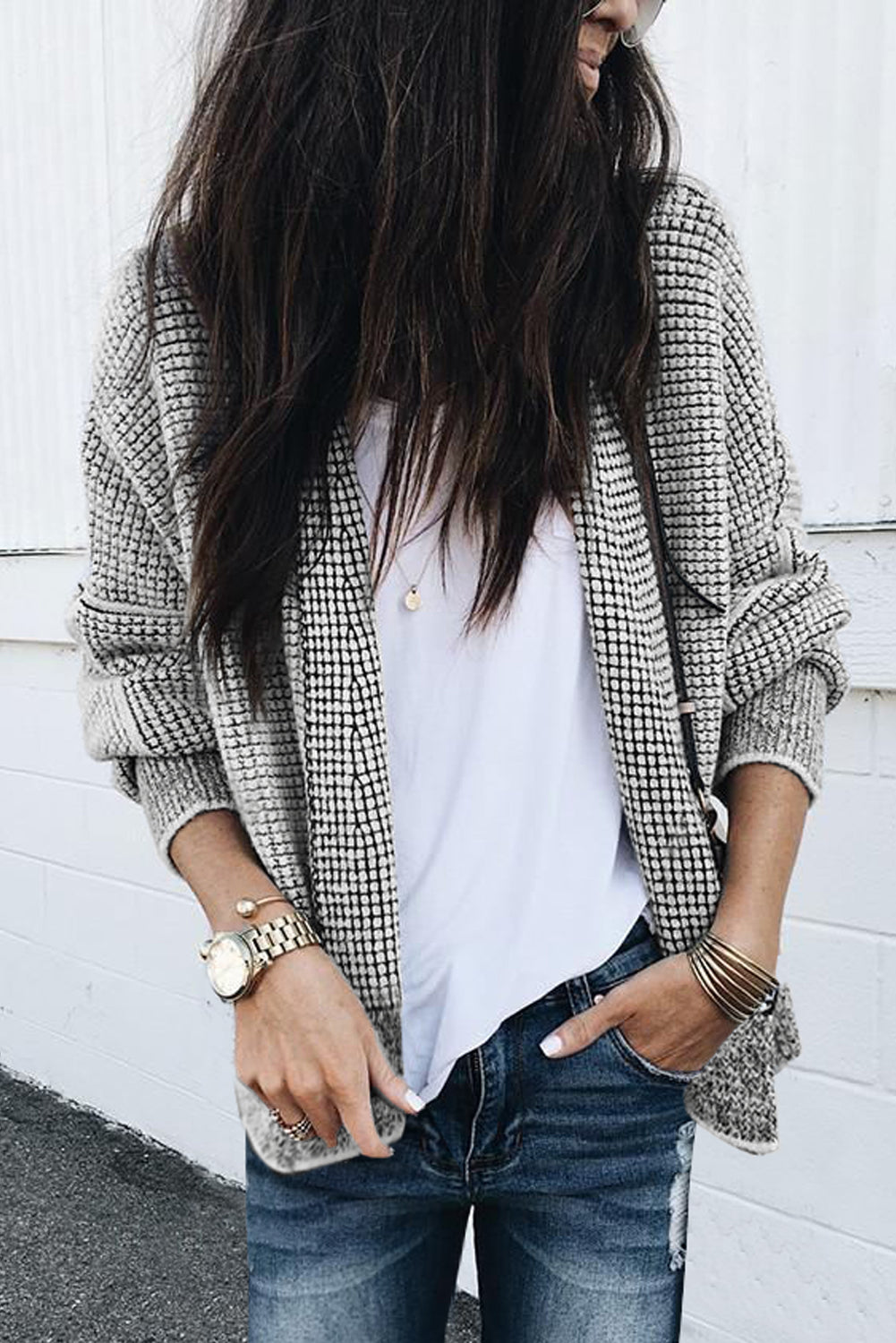 Grey Plaid Contrast Trim Open Front Cardigan - Dixie Hike & Style