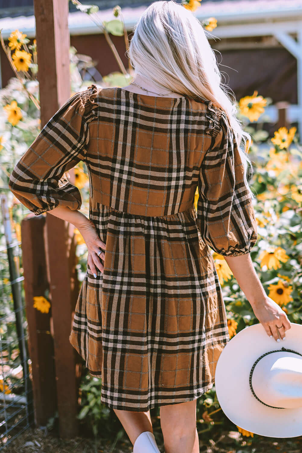 Brown Plaid Pattern Empire Waist Babydoll Dress - Dixie Hike & Style