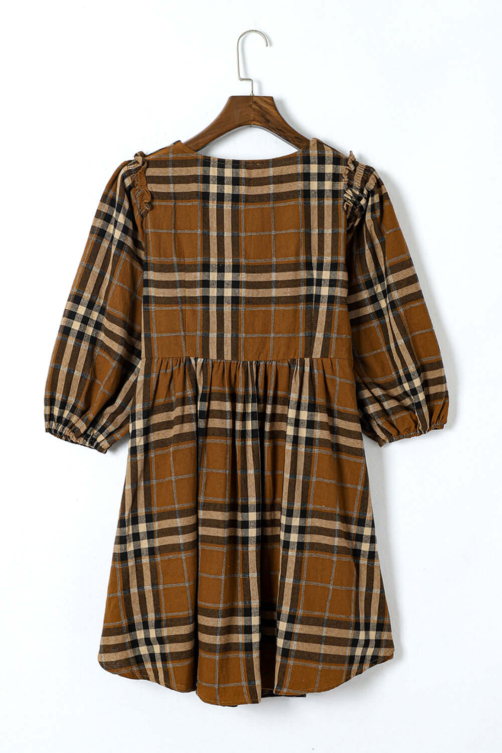 Brown Plaid Pattern Empire Waist Babydoll Dress - Dixie Hike & Style